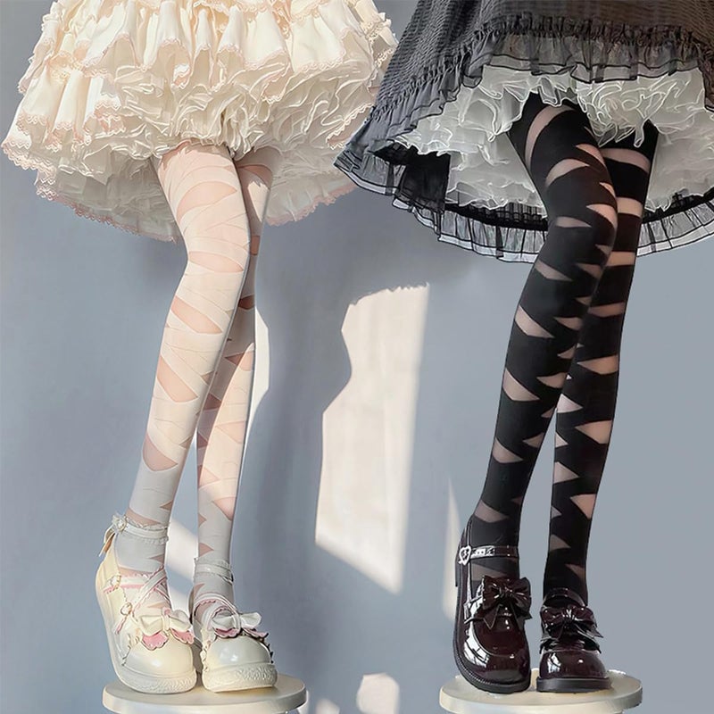 CARALL 2 Pairs Halloween Mummy Tights Gothic Punk Bandage High Stocking Y2k Cross Straps Tights Pantyhose Bandage Hosiery for Women Halloween Masquerade Cosplay Party Costume - Image 2